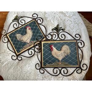 Set of 2 Vintage Rooster Wall Plaques with Metal Scroll Frames